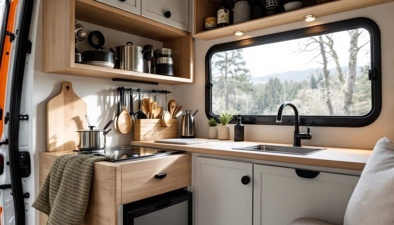 découvrez des astuces pratiques pour organiser efficacement votre espace cuisine dans un van sans tiroirs et optimiser chaque rangement.